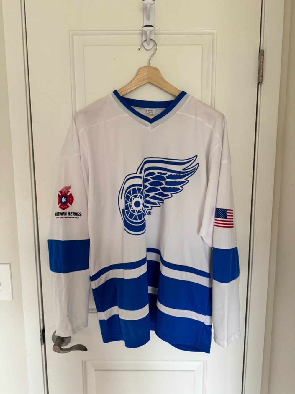 Detroit-style White and Blue Hockey Jersey